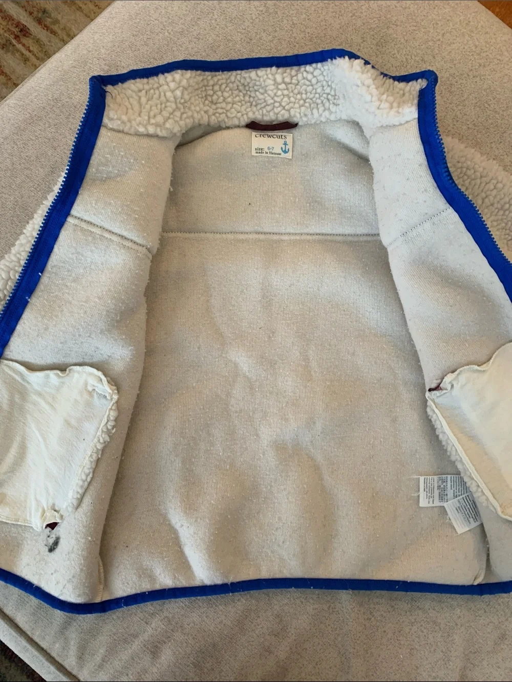 Crewcuts Youth Cream Sherpa Jacket with Burgundy Yoke and Blue Trim